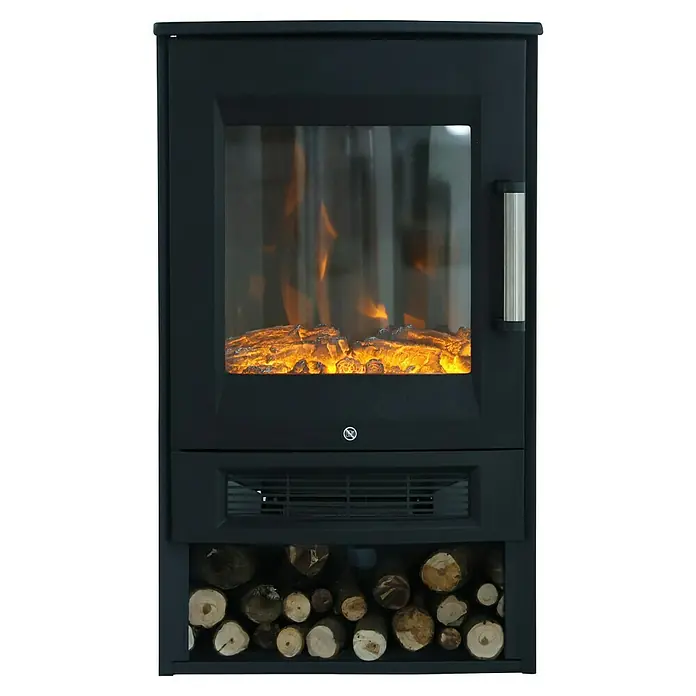 Voltomat HEATING Elektrischer Kamin - 1.800 W, Schwarz, 34,5 x 44 x 74,5 cm - Nahaufnahme eines elektrischen Kaminofens mit simulierten Flammen und Holzscheit-Dekoration.