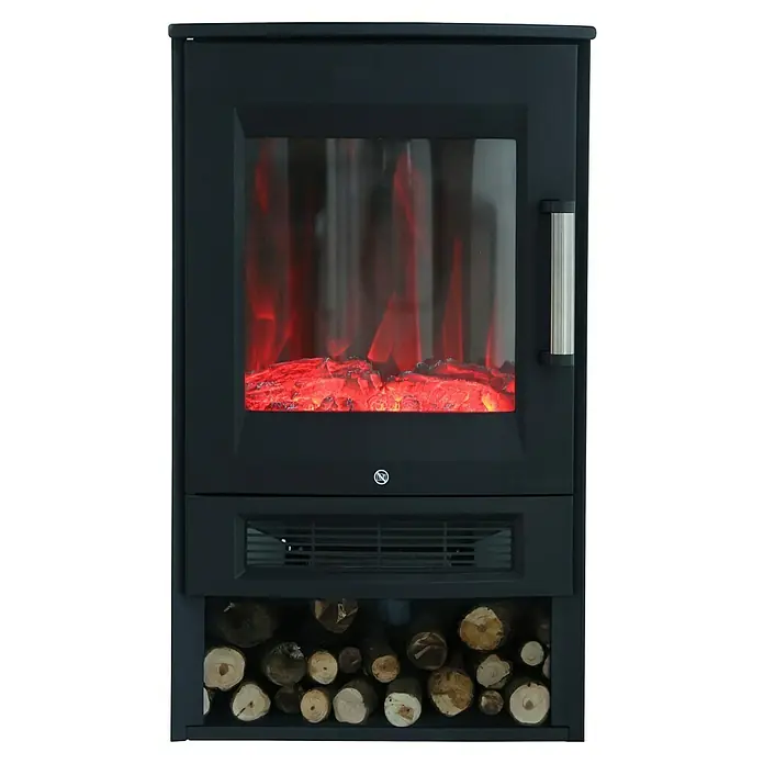 Voltomat HEATING Elektrischer Kamin - 1.800 W, Schwarz, 34,5 x 44 x 74,5 cm - Nahaufnahme eines elektrischen Kaminofens mit simulierten Flammen und Holzscheiten im unteren Bereich.