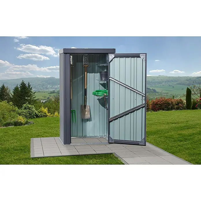 Floraworld Geräteschrank - Außenmaß inkl. Dachüberstand (B x T): 98 x 81 cm, Stahl, Anthrazit - Geräumiger Gartenschrank mit offenstehender Tür, der diverse Gartengeräte und Zubehör im geordneten Zustand präsentiert.