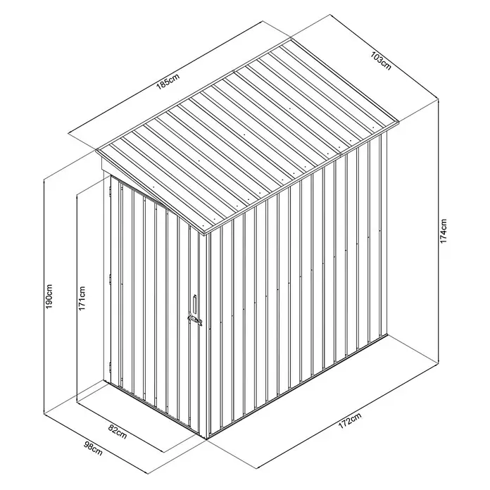 Floraworld Gerätehaus - Außenmaß inkl. Dachüberstand (B x T): 103 x 172 cm, Stahl - Abbildung eines Gartenschuppens mit den Maßen 185 cm Länge, 103 cm Breite und 174 cm Höhe.