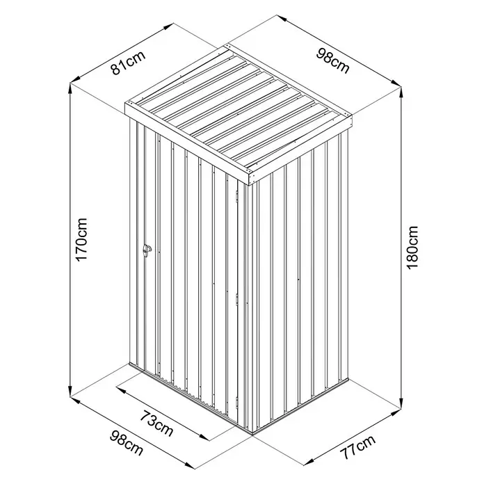 Floraworld Geräteschrank - Außenmaß inkl. Dachüberstand (B x T): 98 x 81 cm, Stahl, Anthrazit - Schrägansicht eines hohen, schmalen Metallgeräteschuppens mit Pultdach. Maße reichen von 73 cm bis 180 cm.