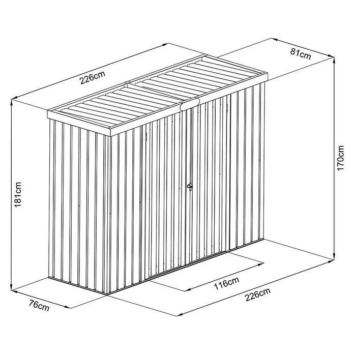 Floraworld Geräteschrank - Außenmaß inkl. Dachüberstand (B x T): 226 x 81 cm, Stahl, Anthrazit - Gartenhaus aus Metall, 226 cm L x 81 cm B, Höhe von 170 cm (hinten) bis 181 cm (vorne), für die Aufbewahrung im Freien.