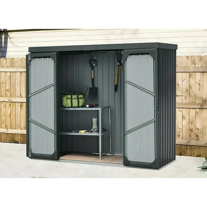 Floraworld Geräteschrank - Außenmaß inkl. Dachüberstand (B x T): 226 x 81 cm, Stahl, Anthrazit - Geräumiger Geräteschuppen aus Metall mit geöffneten Schiebetüren und Werkzeugablage im Inneren.