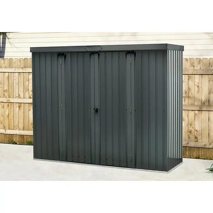 Floraworld Geräteschrank - Außenmaß inkl. Dachüberstand (B x T): 226 x 81 cm, Stahl, Anthrazit - Abbildung eines grauen Metall-Gartenschuppens mit Flügeltüren, ideal für die Aufbewahrung von Gartengeräten und -möbeln.
