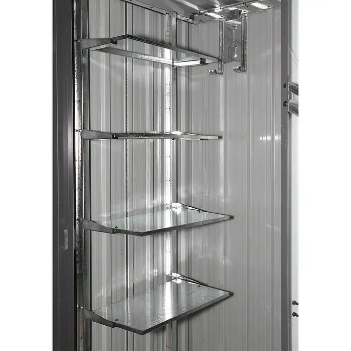 Floraworld Geräteschrank - Außenmaß inkl. Dachüberstand (B x T): 98 x 81 cm, Stahl, Anthrazit - Innenansicht eines Geräteschuppens mit Metallregalen und Werkzeughalterungen für organisierte Aufbewahrung von Gartengeräten und Werkzeugen.
