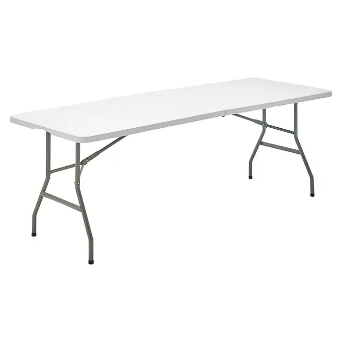 Set de muebles de jardín Every - 3 pzs., Plástico y acero, Blanco, L x An x Al: 200 x 74 x 74 cm - Mesa plegable con tablero blanco y estructura metálica gris, ideal para eventos o uso doméstico versátil.