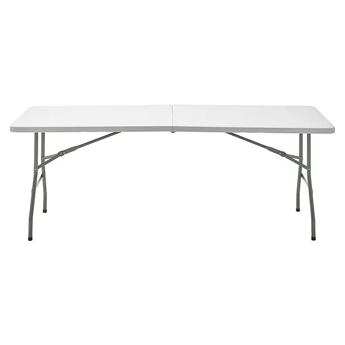 Mesa de jardín Every - L x An x Al: 200 x 74 x 74 cm, Acero/HDPE, Blanco roto, Abatible - Una mesa rectangular blanca plegable con marco de metal gris, perfecta para eventos y uso flexible.