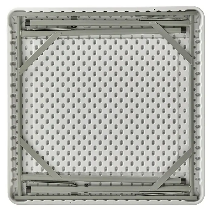 Mesa de jardín Every - L x An x Al: 84 x 84 x 74 cm, Acero/HDPE, Blanco roto, Abatible - Vista superior de una mesa plegable rectangular blanca plegada con estructura metálica gris.