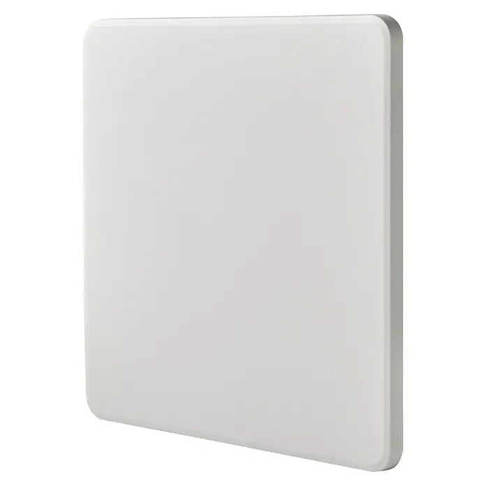 Mesa de jardín Every - L x An x Al: 84 x 84 x 74 cm, Acero/HDPE, Blanco roto, Abatible - Primer plano de un radiador blanco rectangular con esquinas redondeadas sobre un fondo negro.