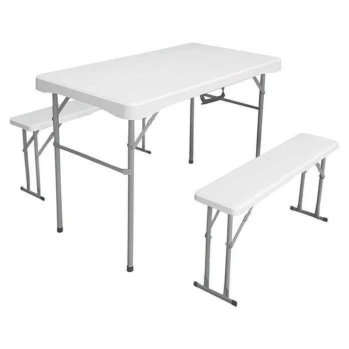 Set de muebles de jardín Every - 3 pzs., HDPE/Acero, Blanco - Mesa de picnic plegable con dos bancos. El conjunto es fácil de guardar y perfecto para uso exterior.