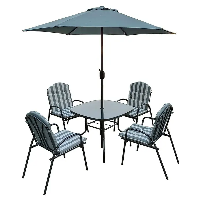 Set de muebles de jardín Dakota - 6 pzs., Antracita - Mesa de jardín con sombrilla. Un elegante juego de muebles de patio con una mesa con sombrilla y cuatro cómodas sillas a rayas.