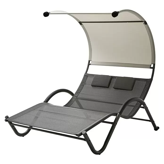 Tumbona de jardín Orio - An x Pr: 135 x 195 cm, Gris - Tumbona de malla gris oscuro con dos cojines, estructura negra y toldo parasol gris claro ajustable.