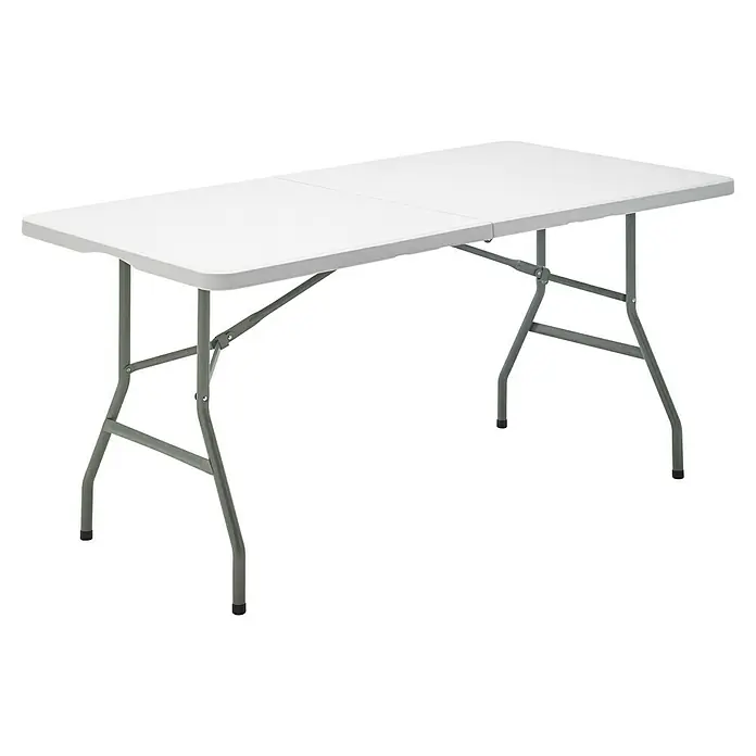 Mesa de jardín Every - L x An x Al: 152 x 70 x 74 cm, Acero/HDPE, Blanco roto, Abatible - Una mesa plegable blanca con estructura metálica gris. Ideal para eventos, catering o como una superficie de almacenamiento práctica.