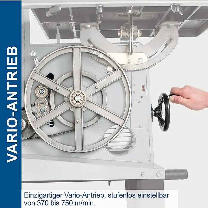 Scheppach Bandsäge Basa 3.0 v - 700 W, Durchlasshöhe: 205 mm, Durchlassbreite: 306 mm - Detailaufnahme einer Bandsäge mit Vario-Antrieb, stufenlos einstellbar zwischen 370 und 750 m/min. Präzision und Flexibilität vereint.