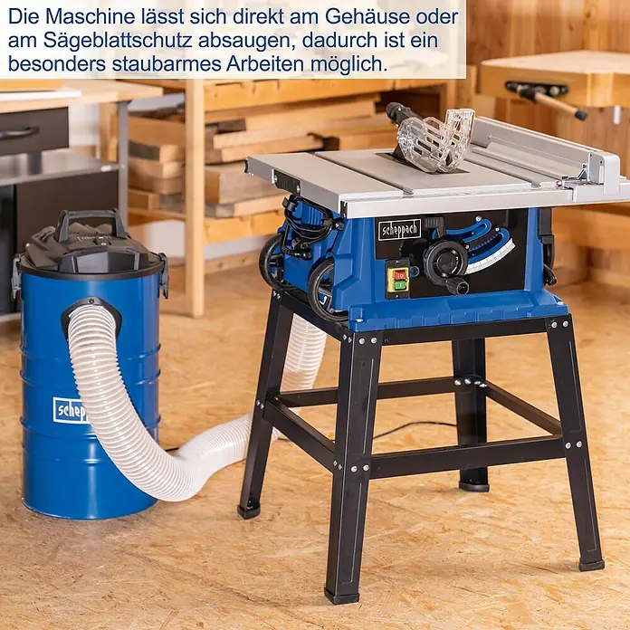 Scheppach Tischkreissäge HS 105 - 2.000 W, Durchmesser Sägeblatt: 255 mm, Schnitttiefe bei 90 °: 75 mm - Tischkreissäge mit Staubabsaugung für staubarmes Arbeiten in der Werkstatt.
