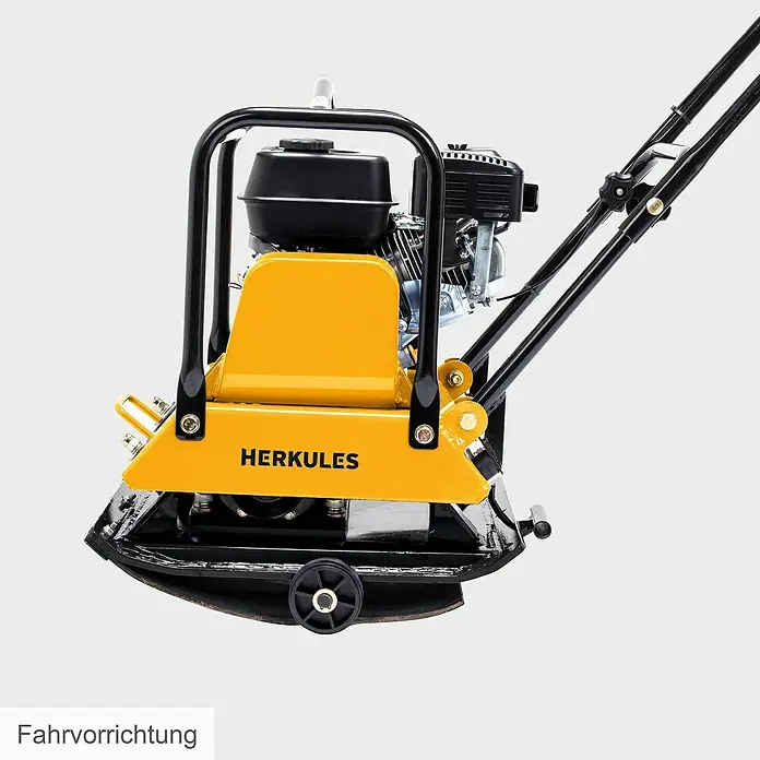 Herkules Rüttelplatte RP1800 - 4,8 kW, Verdichtungsdruck: 2.300 kg - Bild einer gelben Herkules Rüttelplatte mit schwarzem Motor und Griffen.