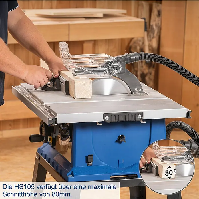 Scheppach Tischkreissäge HS 105 - 2.000 W, Durchmesser Sägeblatt: 255 mm, Schnitttiefe bei 90 °: 75 mm - Die HS105 Tischkreissäge für präzise Holzschnitte. Maximale Schnitthöhe von 80mm.