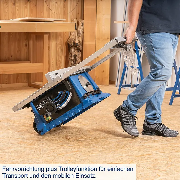 Scheppach Tischkreissäge HS 105 - 2.000 W, Durchmesser Sägeblatt: 255 mm, Schnitttiefe bei 90 °: 75 mm - Mobile Tischkreissäge mit Trolleyfunktion für einfachen Transport und flexiblen Einsatz in der Werkstatt.