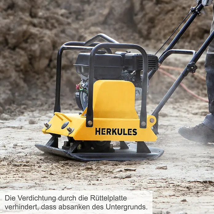 Herkules Rüttelplatte RP1800 - 4,8 kW, Verdichtungsdruck: 2.300 kg - Die Herkules Rüttelplatte verdichtet den Untergrund effektiv und verhindert Absenkungen.