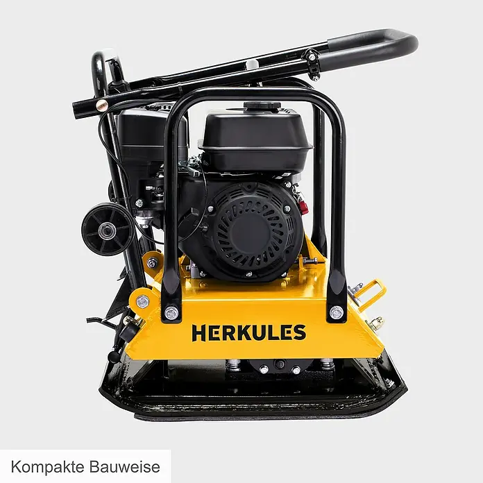 Herkules Rüttelplatte RP1800 - 4,8 kW, Verdichtungsdruck: 2.300 kg - Das Bild zeigt eine gelbe Rüttelplatte von Herkules mit einem schwarzen Motor und einem Griff.