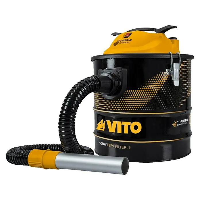 Vito Aspirador de cenizas eléctrico VIASC18T - 1.400 W, Volumen de recipiente: 18 l, Sin bolsa - La imagen muestra una aspiradora industrial VITO Tornado 1400W negra y amarilla con filtro HEPA y accesorios sobre un fondo negro.