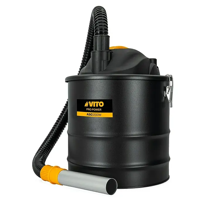 Vito Aspirador de cenizas eléctrico VIASC18B - 1.200 W, Volumen de recipiente: 18 l, Sin bolsa - Imagen de una aspiradora en seco y húmedo VITO Pro Power ASC1200W negra con manguera y boquilla sobre fondo negro.