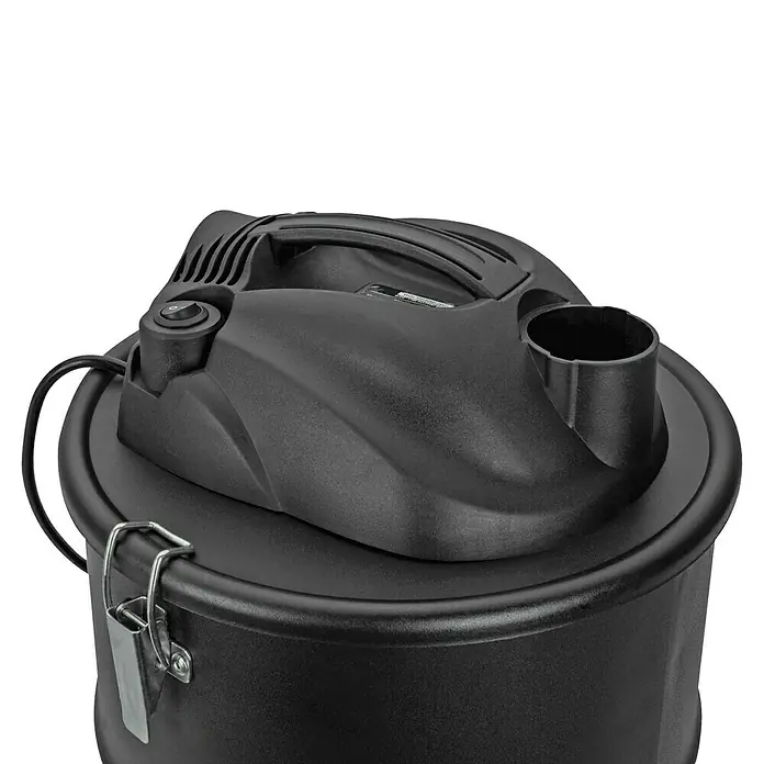Vito Aspirador de cenizas eléctrico VIASC18B - 1.200 W, Volumen de recipiente: 18 l, Sin bolsa - Detalle de un accesorio de aspiradora negro, que destaca la tapa superior y el asa del dispositivo.
