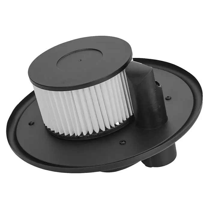 Vito Aspirador de cenizas eléctrico VIASC18B - 1.200 W, Volumen de recipiente: 18 l, Sin bolsa - Una toma detallada de un filtro de aspiradora negro, que muestra los detalles finos y la construcción del producto.