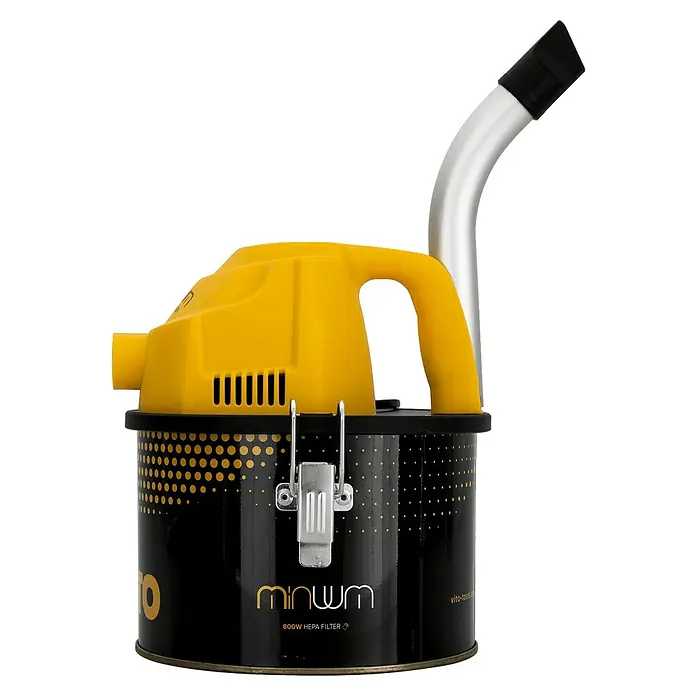Vito Aspirador de cenizas eléctrico y pellets VIAC4 - 800 W, Volumen de recipiente: 4 l, Con bolsa - La imagen muestra una aspiradora amarilla y negra con la inscripción "minwm" y "800W HEPA FILTER".