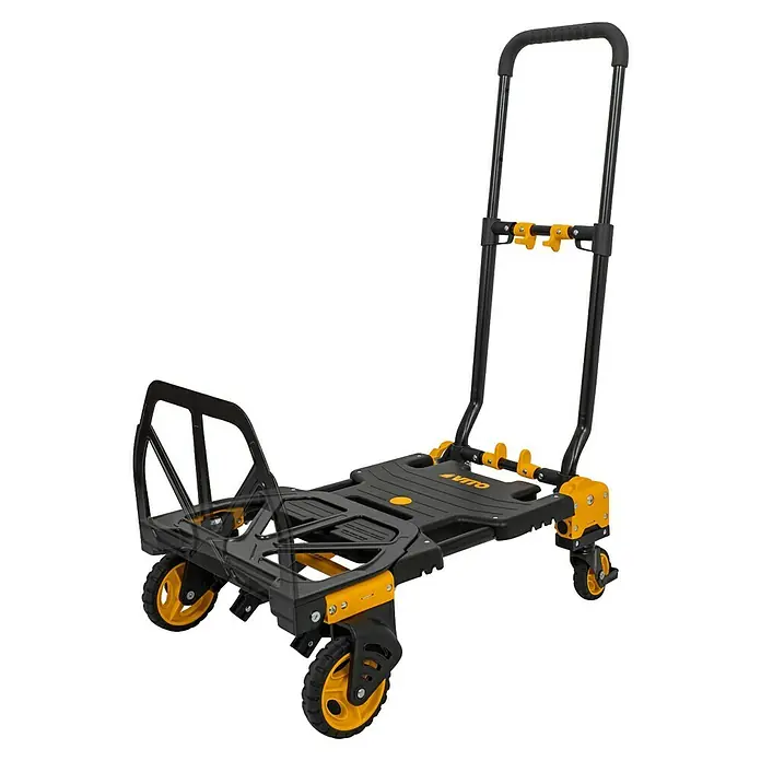 Vito Carretilla de mano - L x An x Al: 40,5 x 12 x 67 cm, Capacidad de carga: 137 kg, Plegable - Imagen de un carro multiusos plegable Vito negro y amarillo.