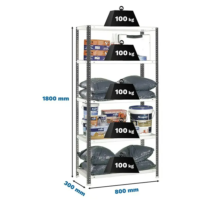 Simonrack Simonclassic Estantería metálica Comfort Mini - Al x An x Pr: 180 x 80 x 30 cm, Número de baldas: 5 ud., Capacidad de carga por balda: 100 kg, Atornillado, Antracita/Blanco - Ilustración de una estantería de carga pesada con cinco estantes cargados con latas de pintura, bolsas y cajas, cada estante con una carga adicional de 100 kg.