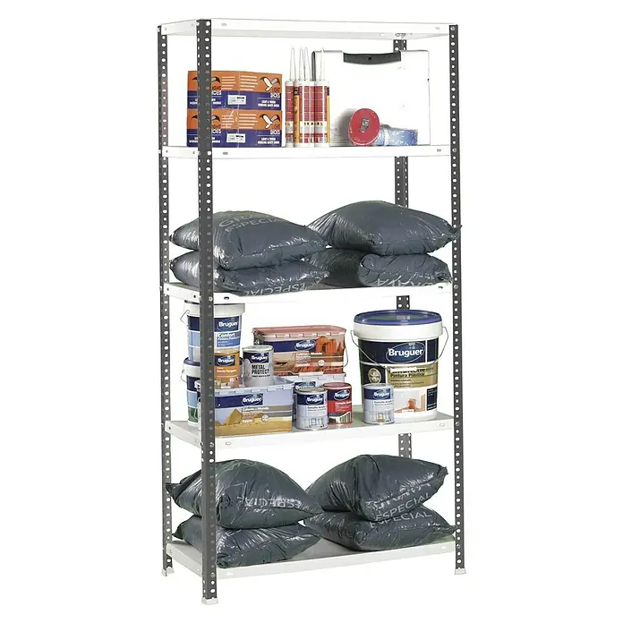 Simonrack Simonclassic Estantería metálica Comfort Mini - Al x An x Pr: 180 x 80 x 30 cm, Número de baldas: 5 ud., Capacidad de carga por balda: 100 kg, Atornillado, Antracita/Blanco - Estantería llena de herramientas, cubetas de pintura y sacos. La estantería está bien surtida y ofrece un gran espacio de almacenamiento para varios artículos.