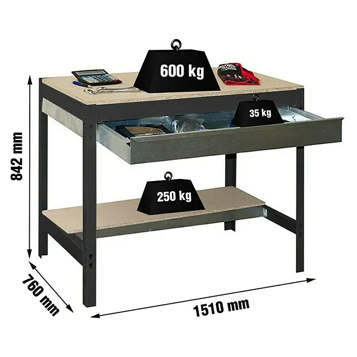 Simonrack Simonwork Banco de trabajo BT0 Box - L x An: 76 x 151 cm, Altura de trabajo: 84,2 cm, Carga soportada: 1.200 kg, Antracita/Madera - Imagen de un banco de trabajo con cajón y estante, etiquetado con capacidades de peso.