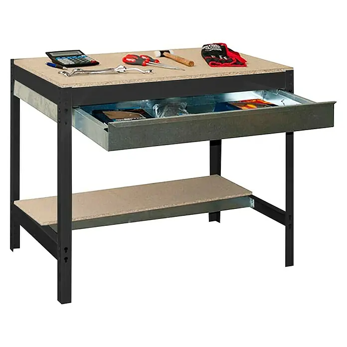 Simonrack Simonwork Banco de trabajo BT0 Box - L x An: 76 x 151 cm, Altura de trabajo: 84,2 cm, Carga soportada: 1.200 kg, Antracita/Madera - Banco de trabajo con cajón y herramientas sobre la mesa, ideal para aficionados al bricolaje y profesionales.
