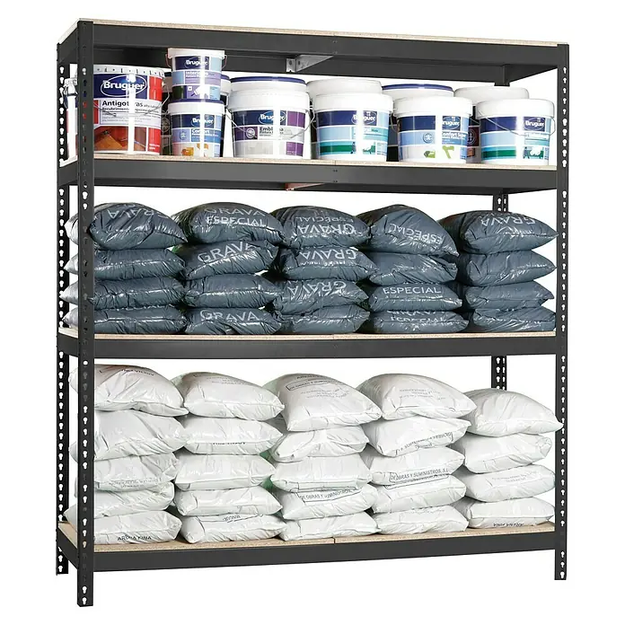 Simonrack Ecoforte Estantería para cargas pesadas Chipboard - Al x An x Pr: 200 x 150 x 45 cm, Capacidad de carga por balda: 400 kg, Número de baldas: 4 ud., Inserción, Antracita/Madera - Una estantería llena de cubos de pintura Bruguer, sacos de grava y arena.