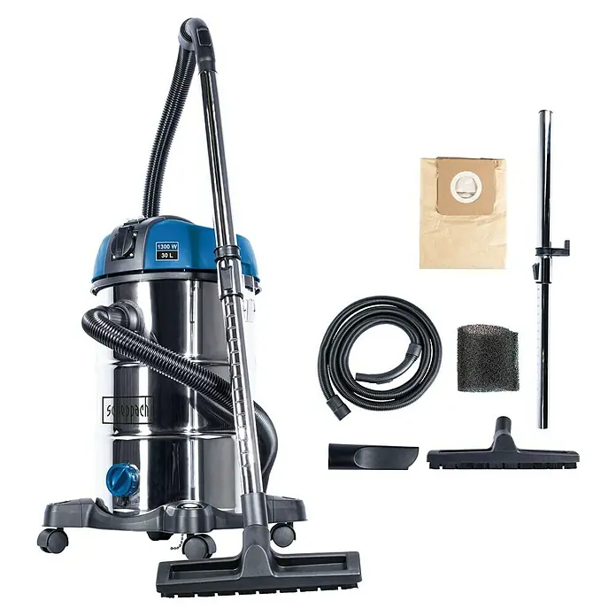 Scheppach Elektro-Nass- & Trockensauger NTS30 Premium - 1.300 W, 30 l - Abbildung eines Scheppach Nass-Trockensaugers mit Zubehör, wie z.B. Filter, Staubsaugerbeutel, Düsen und Schlauch.