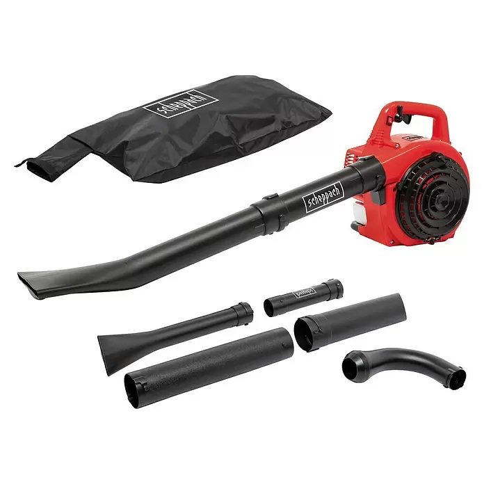 Scheppach Benzin-Laubsauger & -Laubbläser LBH2600P - 700 W, Blasgeschwindigkeit: 100 km/h - 268 km/h, Blasleistung: 578 m³/min, Hubraum: 25,4 cm³ - Rot-schwarzes Laubblasgerät mit verschiedenen schwarzen Aufsätzen und Fangsack.