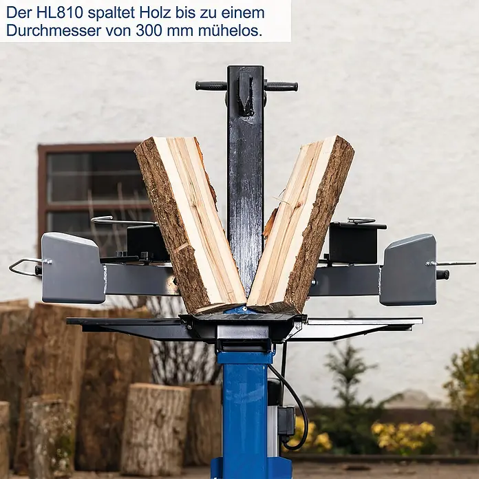 Scheppach Holzspalter HL810 - 3.500 W, 8 t, Max. Spaltgutlänge: 55 cm - Der HL810 Holzspalter spaltet Holz bis zu einem Durchmesser von 300 mm mühelos. Ein leistungsstarkes Gerät für Ihre Brennholzbearbeitung.