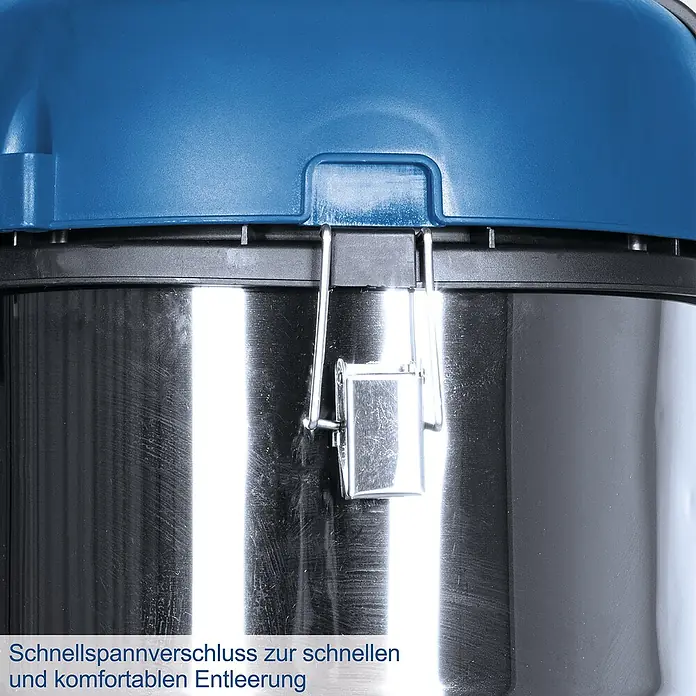 Scheppach Elektro-Nass- & Trockensauger NTS30 Premium - 1.300 W, 30 l - Detailansicht eines blauen Staubsaugers mit Schnellspannverschluss für schnelle und komfortable Entleerung.