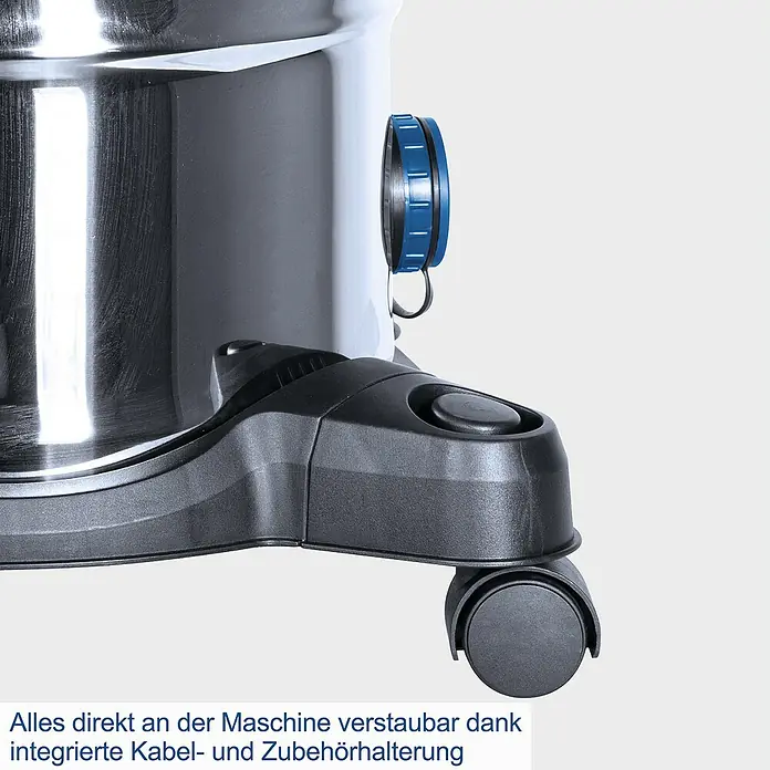Scheppach Elektro-Nass- & Trockensauger NTS30 Premium - 1.300 W, 30 l - Detailansicht eines Staubsaugers mit Rollen und Zubehörhalterung. Praktisch und platzsparend.