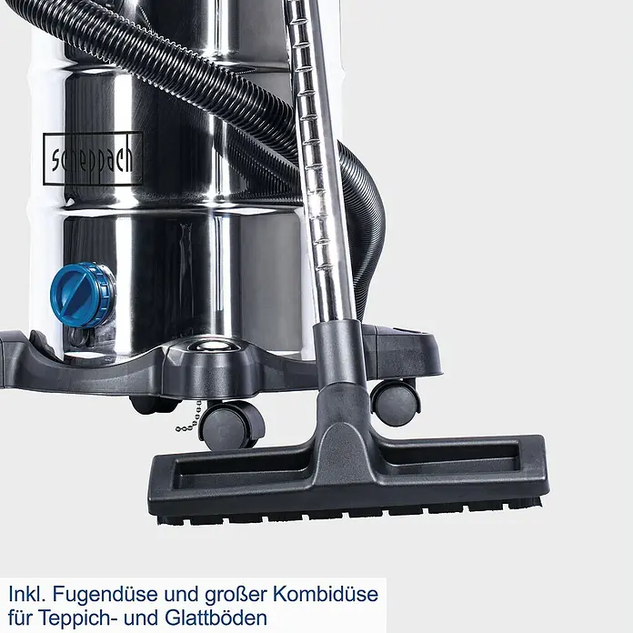 Scheppach Elektro-Nass- & Trockensauger NTS30 Premium - 1.300 W, 30 l - Abbildung eines Scheppach Nass-Trockensaugers mit Fugendüse und Kombidüse für Teppich- und Glattböden.\n