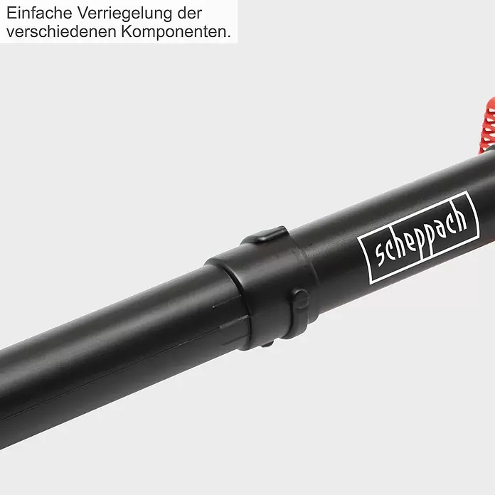 Scheppach Benzin-Laubsauger & -Laubbläser LBH2600P - 700 W, Blasgeschwindigkeit: 100 km/h - 268 km/h, Blasleistung: 578 m³/min, Hubraum: 25,4 cm³ - Schwarzes Scheppach Werkzeugrohr mit weißem Logo und einfacher Verriegelungsmechanismus für verschiedene Komponenten.