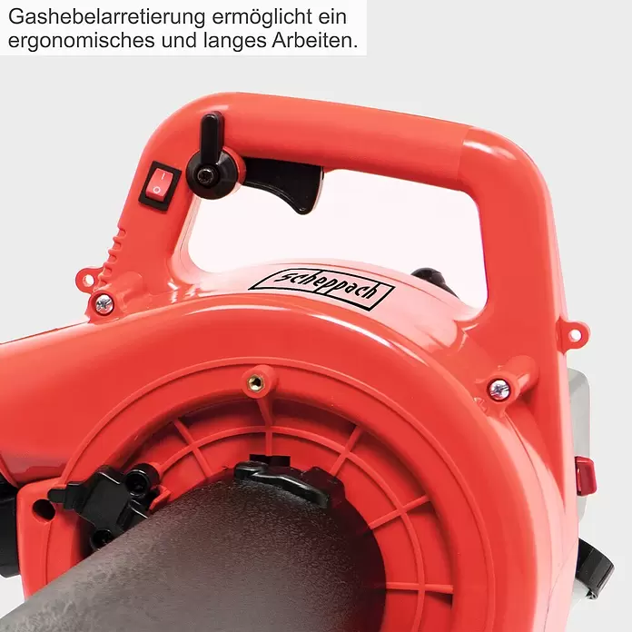 Scheppach Benzin-Laubsauger & -Laubbläser LBH2600P - 700 W, Blasgeschwindigkeit: 100 km/h - 268 km/h, Blasleistung: 578 m³/min, Hubraum: 25,4 cm³ - Nahaufnahme des roten Laubbläser-Griffs mit schwarzer Gashebelarretierung für ergonomisches, langes Arbeiten.