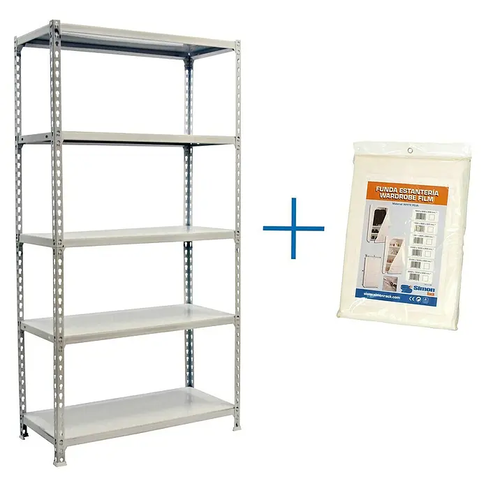 Simonrack Maderclick Estantería metálica con funda - Al x An x Pr: 180 x 90 x 30 cm, Número de baldas: 5 ud., Inserción, Blanco - La imagen muestra una estantería metálica gris con cinco estantes y una funda protectora empaquetada para la estantería. Ofrece mucho almacenamiento.