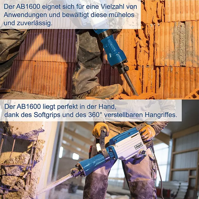 Scheppach Abbruchhammer AB 1600 - 1.600 W, 50 J, SDS-Hex-Aufnahme - Der Abbruchhammer AB1600 meistert vielfältige Anwendungen mühelos dank Softgrips und 360° Hangriff.