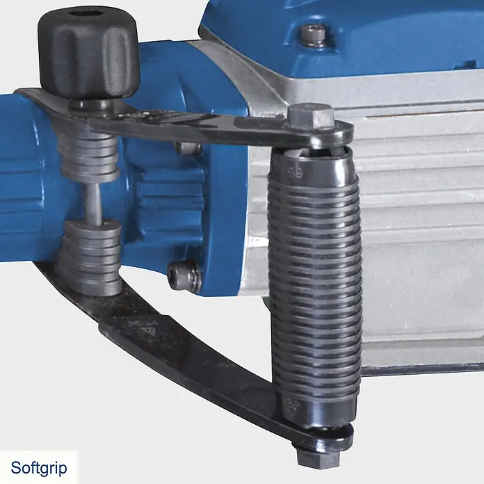 Scheppach Abbruchhammer AB 1600 - 1.600 W, 50 J, SDS-Hex-Aufnahme - Detailansicht des Softgrip-Griffs eines blauen und silbernen Werkzeugs, das Komfort und Kontrolle bei der Benutzung bietet.
