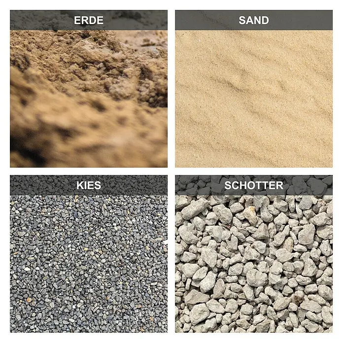 Scheppach Vibrationsstampfer VS1000 - 4 kW - Abbildung von Erde, Sand, Kies und Schotter.