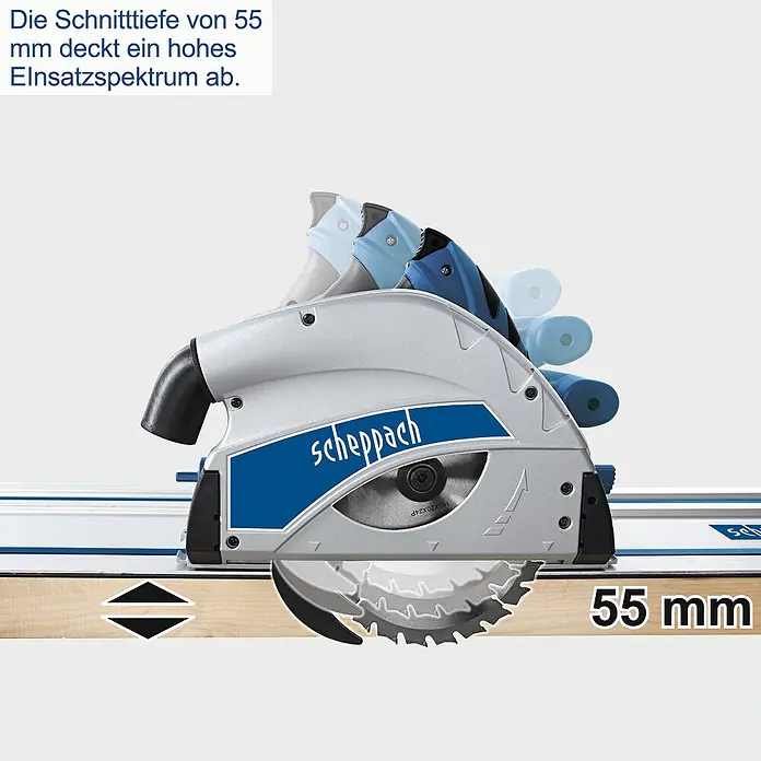 Scheppach Tauchsäge PL 55 Special Edition - 1.200 W - Darstellung einer Scheppach Tauchsäge beim Schneiden von Holz, die Schnitttiefe von 55 mm wird hervorgehoben.