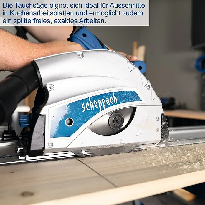 Scheppach Tauchsäge PL 55 Special Edition - 1.200 W - Die Scheppach Tauchsäge schneidet präzise Küchenarbeitsplatten und ermöglicht splitterfreies Arbeiten. Ideal für jeden Heimwerker!
