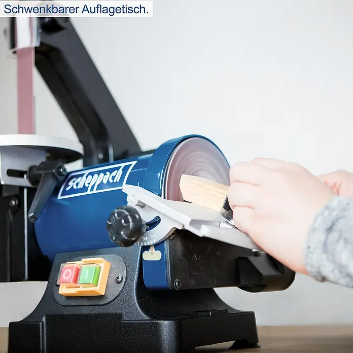 Scheppach Band- & Tellerschleifer BTS 700 - 250 W, Durchmesser Schleifteller: 125 mm - Scheppach BTS800 Bandschleifmaschine mit schwenkbarem Auflagetisch zum präzisen Schleifen von Holz und anderen Werkstoffen.